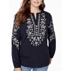 J. Jill Embroidered Top Womens Size Medium Navy Swiss Dot Floral Design Cotton